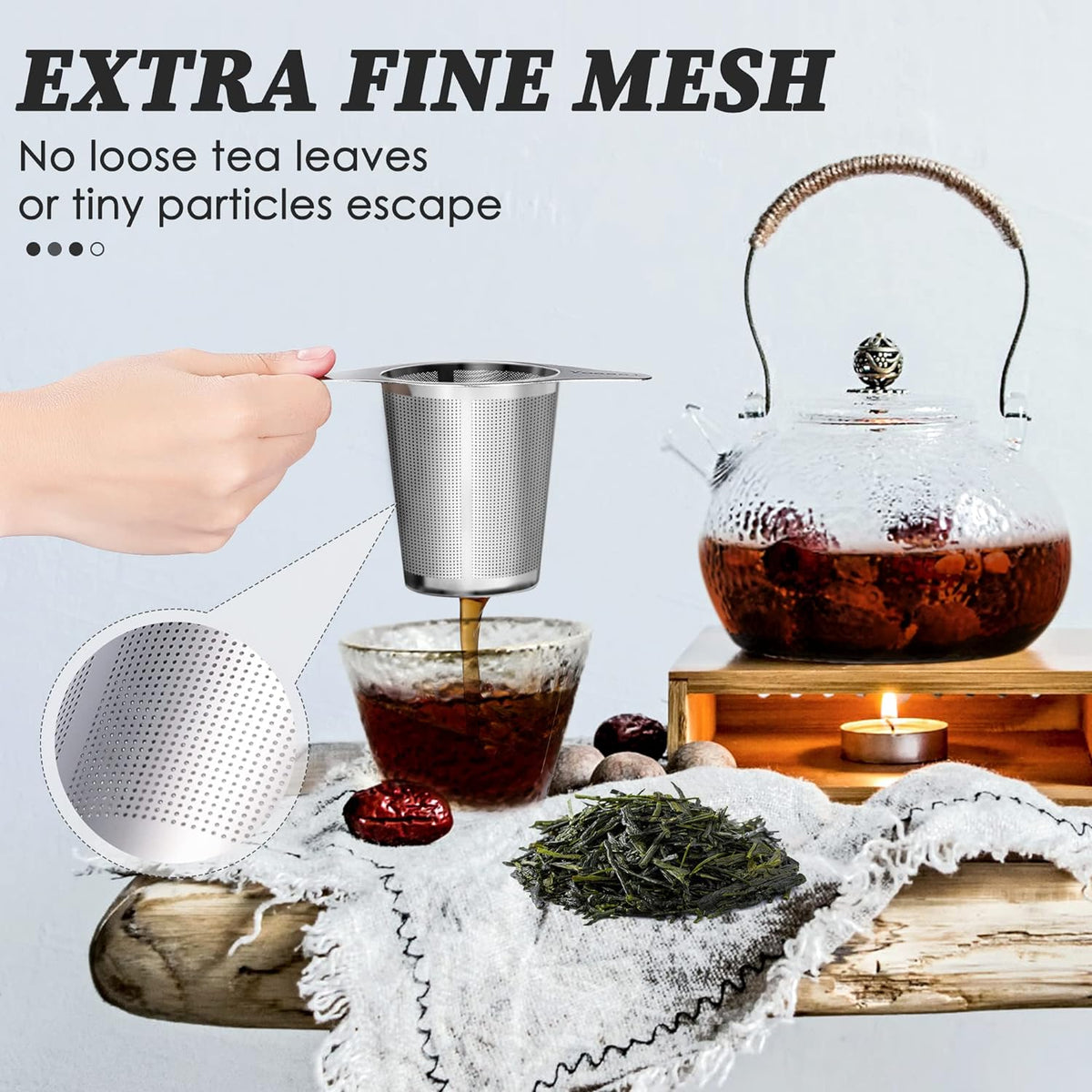Extra Fine 18/8 Stainless Steel Tea Infuser Mesh Strainer with Large Capacity & Perfect Size Double Handles for Hanging on Teapots, Mugs