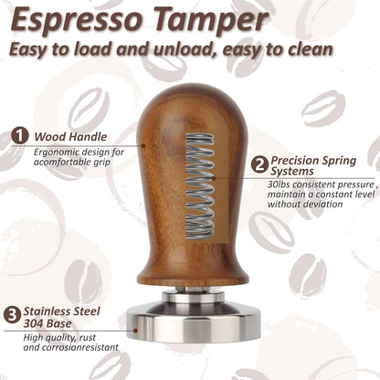 Espresso Tamper, Professional Spring Loaded Espresso Accessories with WDT Tool Espresso & Puck Screen, Compatible with 53mm/54mm Breville Portafilter