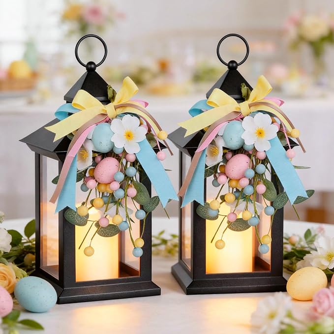 Easter Decorative Candle Lanterns, Battery Operated with Timer, 2 Pack Black Easter Egg Lanterns, 14" Waterproof Hanging Lanterns for Porch, Patio, Wedding Spring Decor