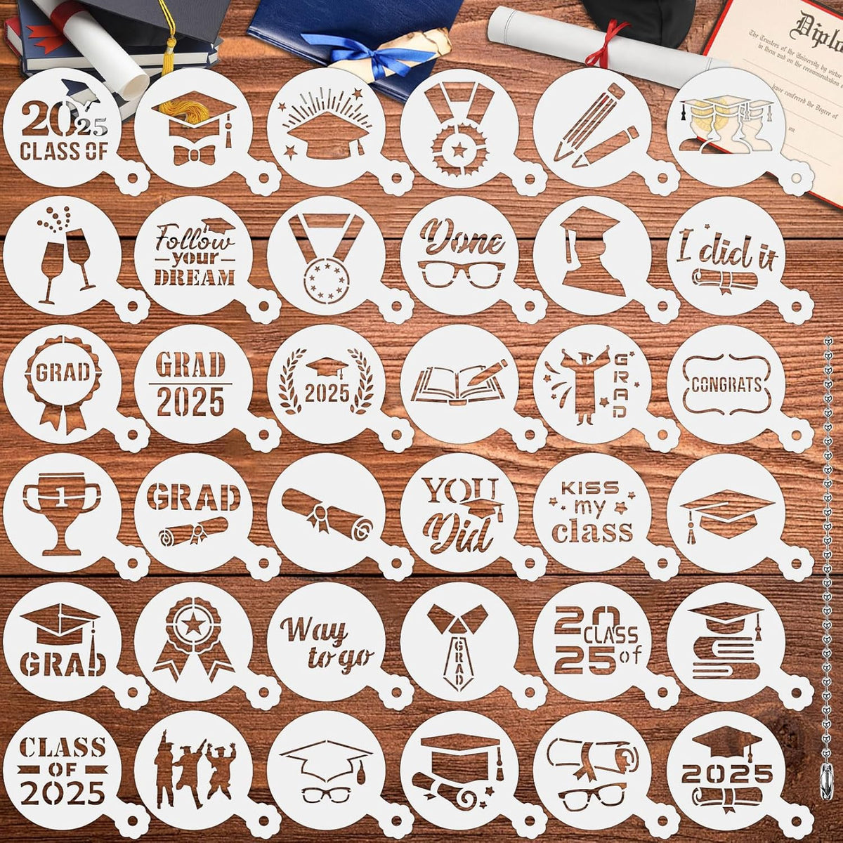 Julbear Graduation Cookie Stencils, 36 Pieces Class of 2025 Reusable Coffee Decoration Stencils Templates Tools for Cookies Baking Painting Dessert
