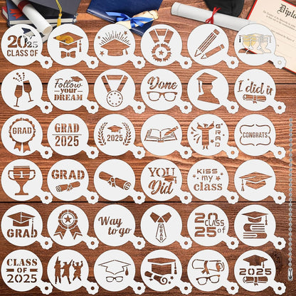 Julbear Graduation Cookie Stencils, 36 Pieces Class of 2025 Reusable Coffee Decoration Stencils Templates Tools for Cookies Baking Painting Dessert