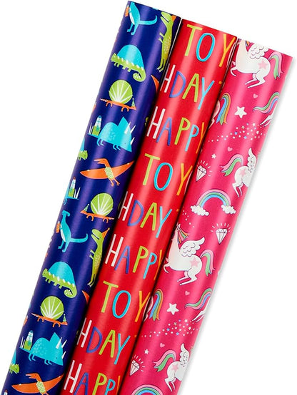 American Greetings Reversible Birthday Wrapping Paper for Kids, Dinosaurs and Unicorns (3 Rolls, 120 sq. ft)