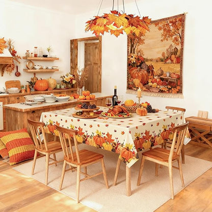 Fall Thanksgiving Plastic Tablecloths - 2 Pack Autumn Themed Pumpkins and Maple Leaves, 54" x 108" Disposable Tablecloths for Fall Thanksgiving Harvest Party Decorations