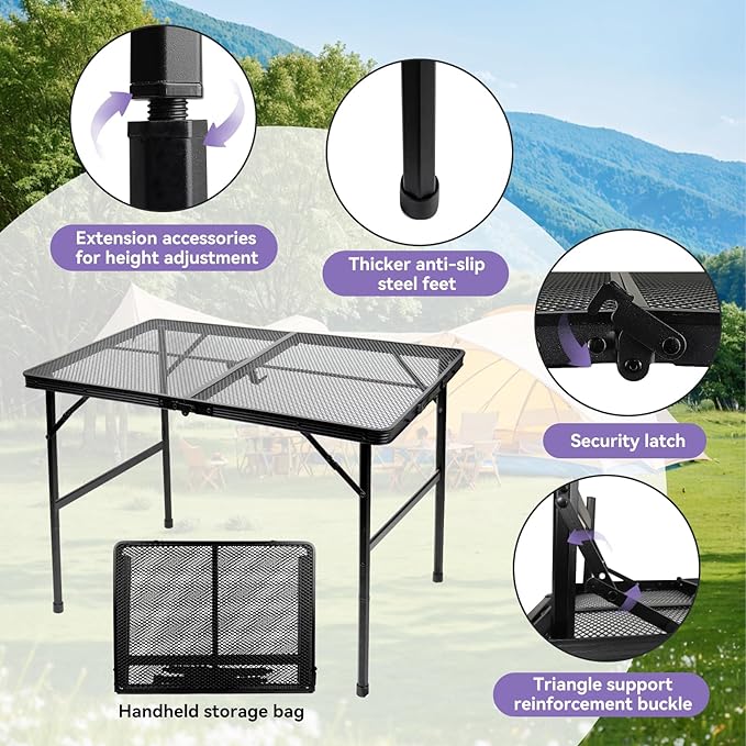 BRIAN & DANY 3x2 FT Folding Grill Table Camping Table, Metal Portable Picnic Table, Lightweight Height Adjustable Foldable Table for Outdoor, Black