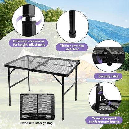 BRIAN & DANY 3x2 FT Folding Grill Table Camping Table, Metal Portable Picnic Table, Lightweight Height Adjustable Foldable Table for Outdoor, Black