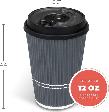 Disposable Coffee Cups With Lids - 12 oz To Go Coffee Cup With Lid (80 Set). Durable Togo Travel Paper Hot Cups Insulated For Hot and Cold Beverage