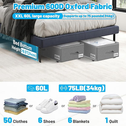 Under Bed Storage with Wheels, 2-Pack 10" Height XXL 60L Rolling Storage Bins, Quick Assembly Underbed Shoe Storage Containers with Clear Lid & Label, Dorm Under Bed Drawers for Clothes, Shoes, Grey