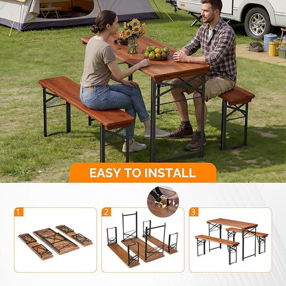 VINGLI 45 Inch Folding Picnic Tables with Benches Set, Weather-Resistant Wooden Beer Garden Table Bench, 3-Piece Portable Fold Up Camping BBQ Table,Walnut Color