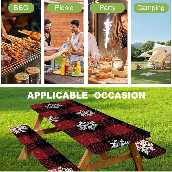 ANNA QUEEN 6FT Winter Christmas Snowflakes Picnic Table Cover with Bench Covers Picnic Table Cover Set 3PCS 72"x30", Waterproof Outdoor Bench and Tablecloth Furniture Protection for Camping