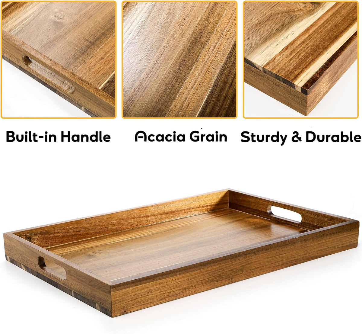 Youeon 2 Pack Large Acacia Wood Serving Tray with Handles, 17x12 Inch Decorative Wood Trays for Serving Food, Party, Rectangle Ottoman Tray