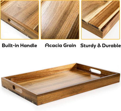 Youeon 2 Pack Large Acacia Wood Serving Tray with Handles, 17x12 Inch Decorative Wood Trays for Serving Food, Party, Rectangle Ottoman Tray