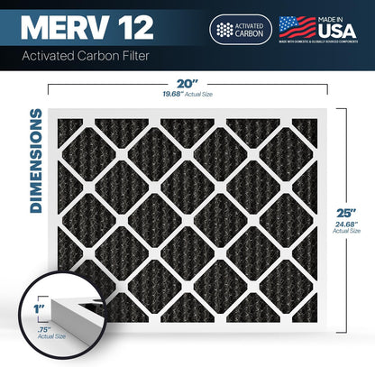 BNX TruFilter 20x25x1 MERV 12 Odor Defense (4-Pack) AC Furnace Air Filter with Activated Carbon - MADE IN USA - Pleated Air Conditioner HVAC AC Furnace Filters - Removes Odor, Mold, Bacteria, Smoke