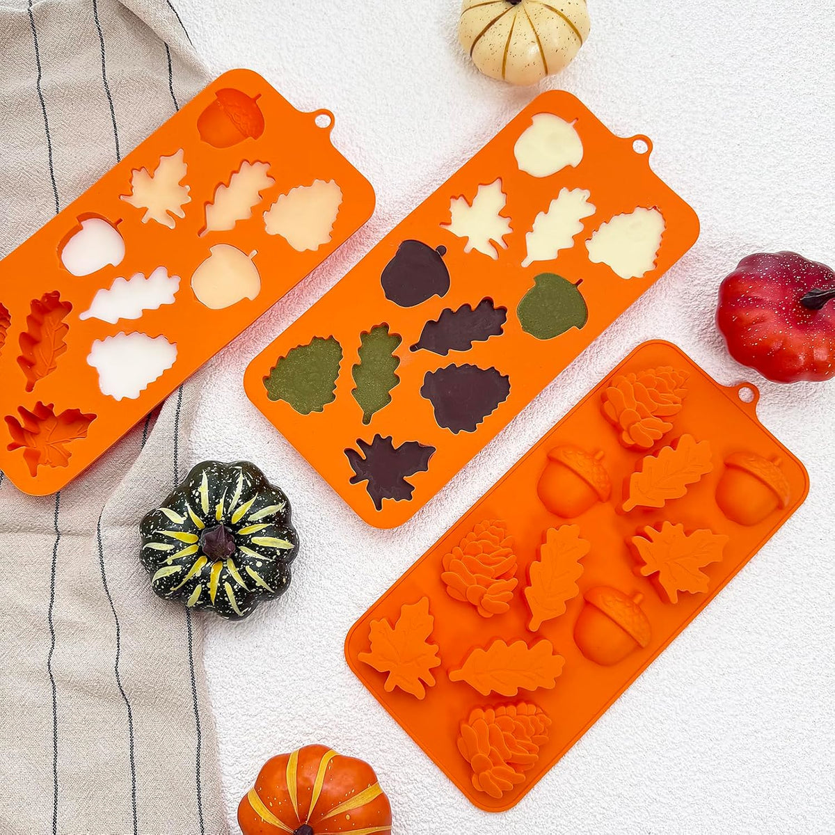 3Pack Fall Chocolate Mold Thanksgiving Silicone Candy Molds Halloween Autumn Harvest Festival Baking Mold Chestnuts, Pine Cones