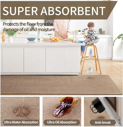 Kitchen Mats for Floor, Super Absorbent Kitchen Rugs Non Slip Washable, Soft Imitation Linen Braided Kitchen Runner Rug, Standing Mat Kitchens Sink Mat, Easy to Clean, Brown 17x95