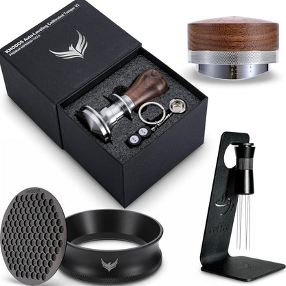 58mm Espresso Must Haves Tools Portafilter Funnel, Self Leveling Tamper, Coffee Distributor, Espresso Needle Whisk and Puck Screen