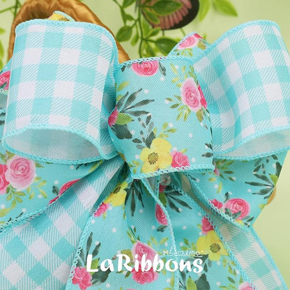 LaRibbons Blue Floral Ribbon Wired 2 Rolls 2.5 Inch x 20 Yards TTL, Rose Flower and Buffalo Plaid Burlap Ribbon for Spring Summer Crafts Gift Wrapping Wreath Bow Basket Decoration