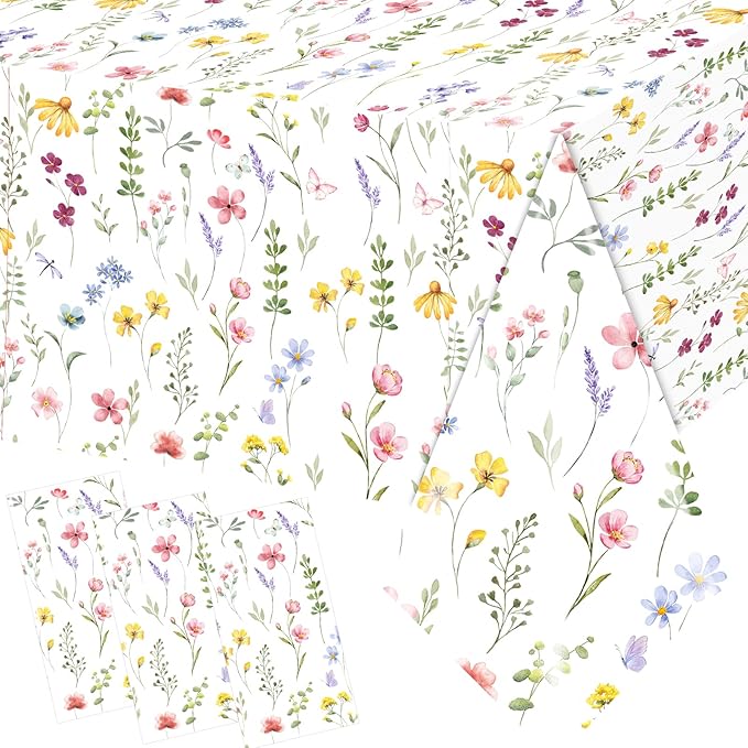 Juweked 3Pcs Colorful Wildflower Table Cloth Plastic Floral Table Cloth Flower Tablecloth Wildflower Party Decorations Butterfly Tablecloth Spring Tablecloths for Party Birthday Baby Shower Wedding