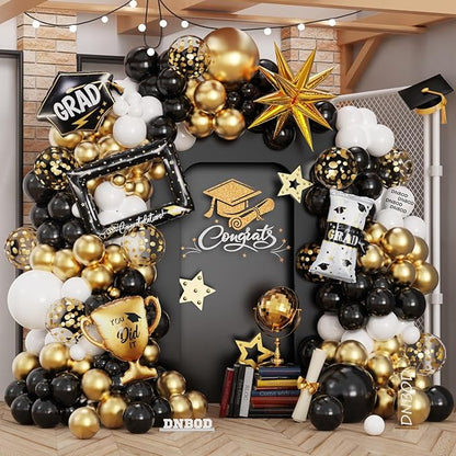 135Pcs Black Gold White Graduation Balloon Garland Arch Kit,with Explosion Star,Diploma,Trophy,Grad Hat,Photo Frame Foil Balloons for Congrats Class of 2026 Graduates Celebrations Party Decoration