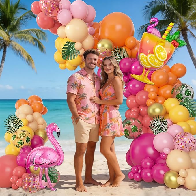 Amandir 165Pcs Tropical Balloon Arch Garland Kit, Sunset Hot Pink Orange Coral Red Yellow Metallic Gold Foil Wineglass Flamingo Balloons for Tropical Birthday Wedding Shower Summer Party Decorations
