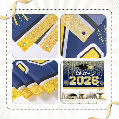 Graduation Decorations 2026, Blue and Gold Balloon Garland Arch, Navy Blue Graduation Decorations with Congrats Grad Tablecloth and Class of 2026 Backdrop for High School College Grad Party Supplies
