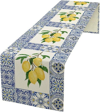 Yellow Lemon Table Runner, Blue Tiles Summer Holiday Tasty Fruit Healthy Fruit Vintage Watercolor Rustic Botanic Table Cover for Party Picnic Dining Room Kitchen, 13x120inch