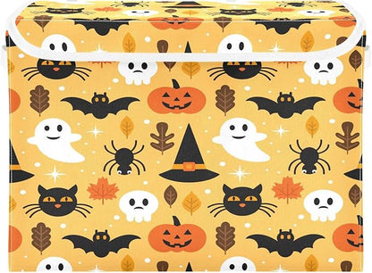 Large Collapsible Storage Bins with Lids, Halloween Spooky Skull Pumpkin Black Cat Storage Baskets Organizer Containers with Handles for Nursery Clothes Toys