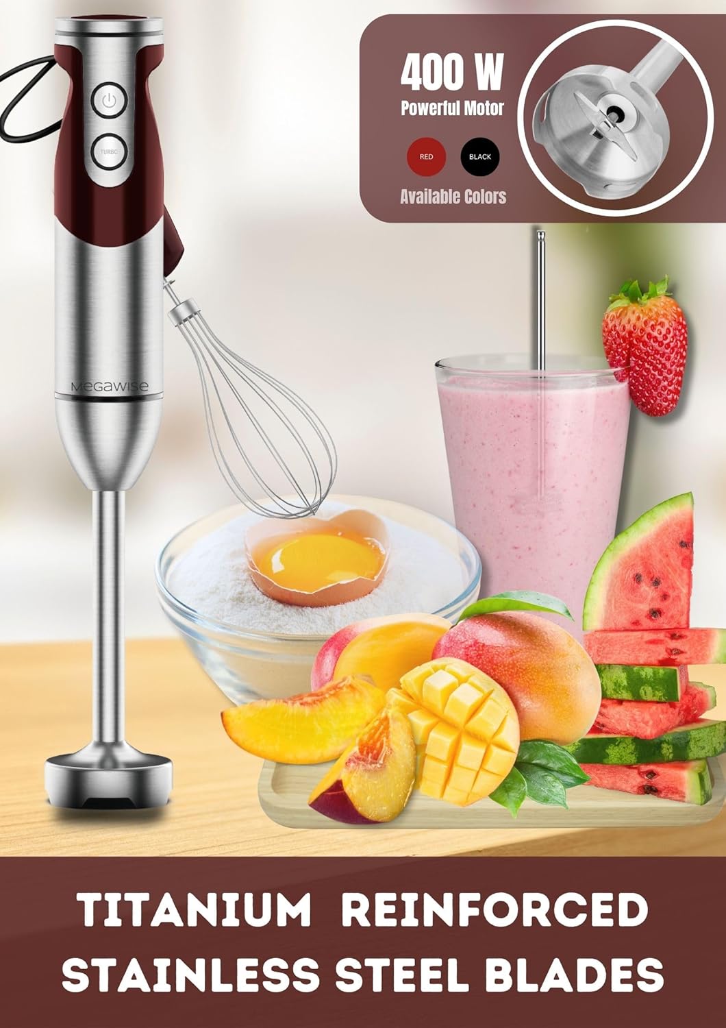 MegaWise Pro Titanium Reinforced 3-in-1 Immersion Corded Hand Blender, Powerful Motor with 80% Sharper Blades, 12-Speed Corded Blender