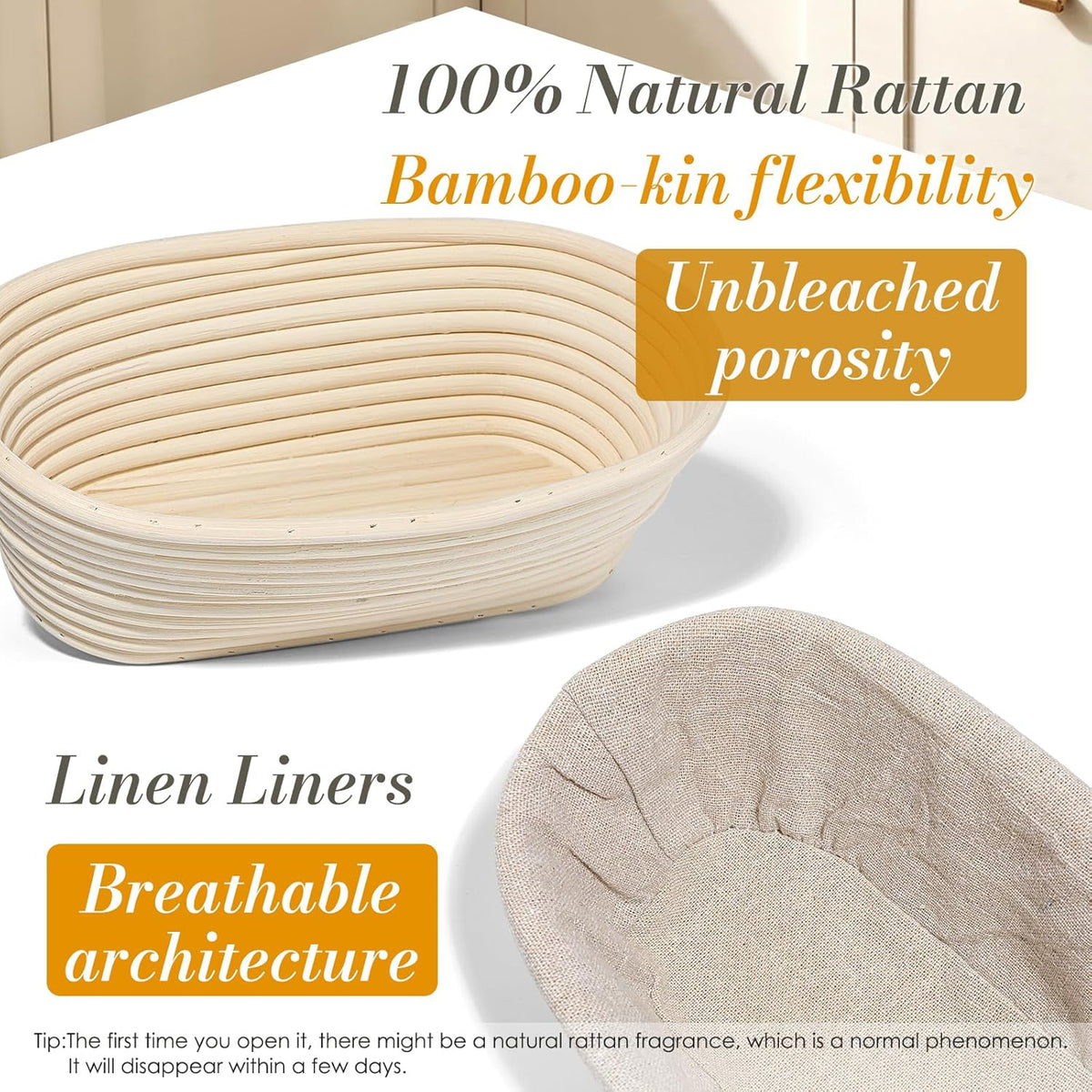 2PCS Banneton Bread Proofing Basket - 10 Inch Oval Banneton Basket and Linen Liner，Sourdough Bread Baking Supplies