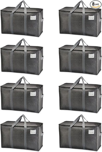 VENO 8 Pack Heavy Duty Moving Bags, Extra Large Storage Bags with Reinforced Handles & Strong Zippers, Foldable & Reusable Moving Box Alternative for Clothes & Dorm Storage