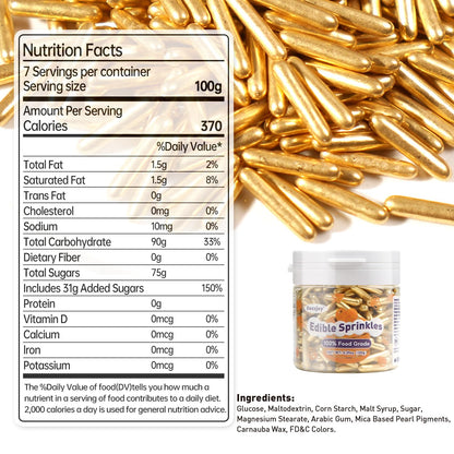 Dazzjoy Gold Rods Sprinkles, Edible Sugar Sprinkles, 120g/4.23oz, Cupcake Toppers, Cake Decorations, Ice Cream, Wedding Party Valentines Easter Supplies
