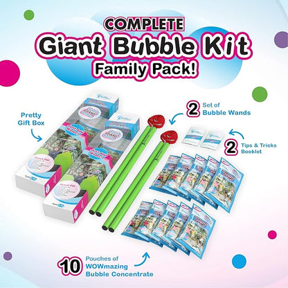 WOWMAZING Giant Bubble Kit – Family Pack (14-Piece Set) with Big Bubble Wand and Solution Concentrate (Makes 3 Gallons of Large Bubbles) | Best Value for Family Fun