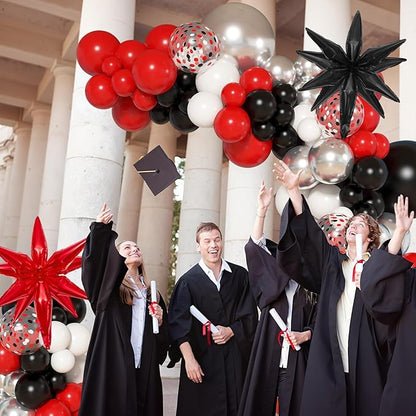 Ouddy Life 142pcs Red and Black Balloon Garland Arch Kit, Class of 2026 Decorations Graduation Red Black and White Sliver Confetti Balloons Foil Star for Anniversary Birthday Racing Car Poker Party