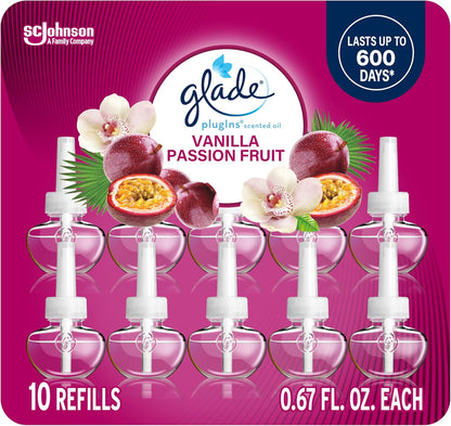 Glade PlugIns Refills Air Freshener, Vanilla Passion Fruit, Scented and Essential Oils for Home and Bathroom, 0.67 Fl Oz, 10 Count