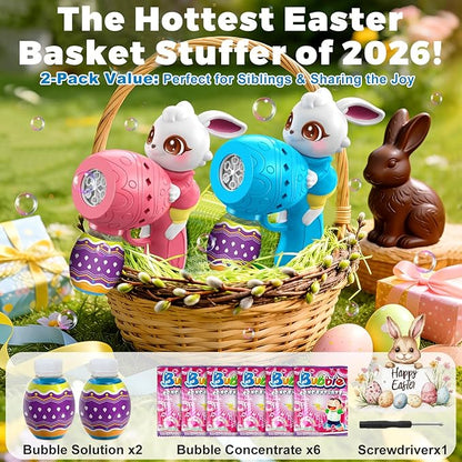 Easter Bubble Guns for Toddlers & Kids: Easter Basket Stuffers 2-Pack Bunny & Egg Themed - Leak-Proof Bubble Blaster Toys with Refill Solution - Perfect for Easter Egg Hunt & Outdoor Party