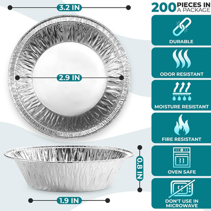 LEGLO Mini Pie Tins 3 Inch, 200 Pack Small Disposable Aluminum Foil Pans | Mini Tart Pans Hold Desserts and Catering Portions - Durable, Stackable, Oven Safe, Freezer Safe, Ready for Meal Prep Batches