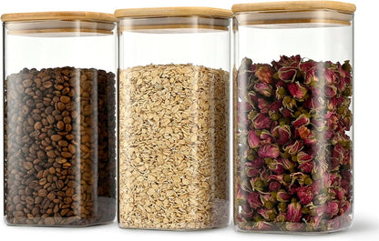 52oz Airtight Glass Square Storage Canister with Bamboo Lid Set of 3 (1550ml) Container Stackable Spice Jar, Kitchen Canister for Flour, Cookies