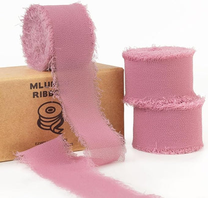 Rosy Mauve Chiffon Ribbon - 1 Inch x 21 Yards, Handmade Fringe, Silk, Boho Frayed, Gift Wrapping, Wedding Invitation, Bridal Flower Bouquets