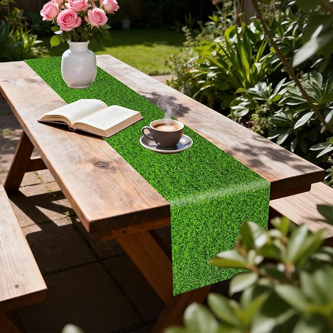 JCJT Green Grass Table Runner 90x14 Inch, Long Outdoor Table Decor for Picnic BBQ Party, Spring Easter Decoration, Polyester Runner for Dining Table