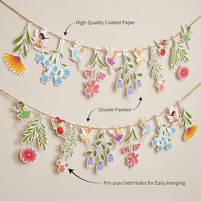48Pcs Flower Fairy Banner Decorations Floral Designs Wildflower Garland – with 5m Jute Rope, for Baby Shower, Wedding, Easter Backdrop, Enchanted Garden Party Supplies (Fairy)