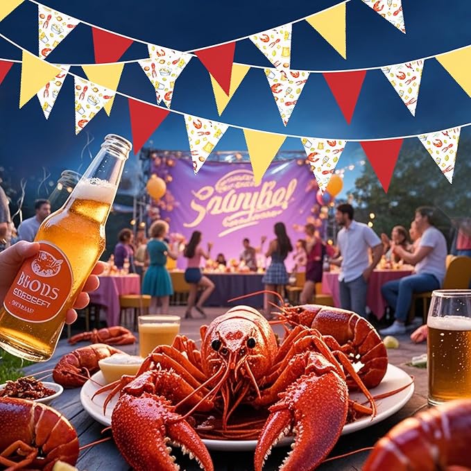 32Ft Crawfish Boil Party Decorations Red Yellow Beer Crawfish Pennant Banner Fabric Triangle Flag Garland Streamers for Lobster Birthday Shrimp Seafood Boil Baby Shower Barbecue Party Decor Supplies