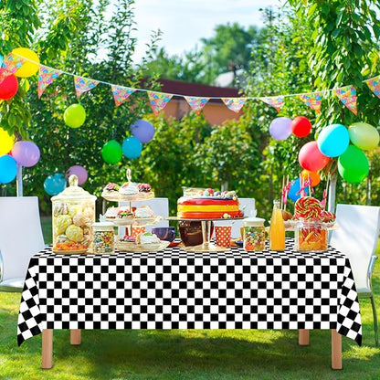 Mulbozy 4 Pcs Black and White Checkered Tablecloths, 54 × 108 Inches Black Checkered Flag Tablecover, Disposable Plastic Gingham Table Cover for Picnic, Truck, Race Car Birthday Party Supplies