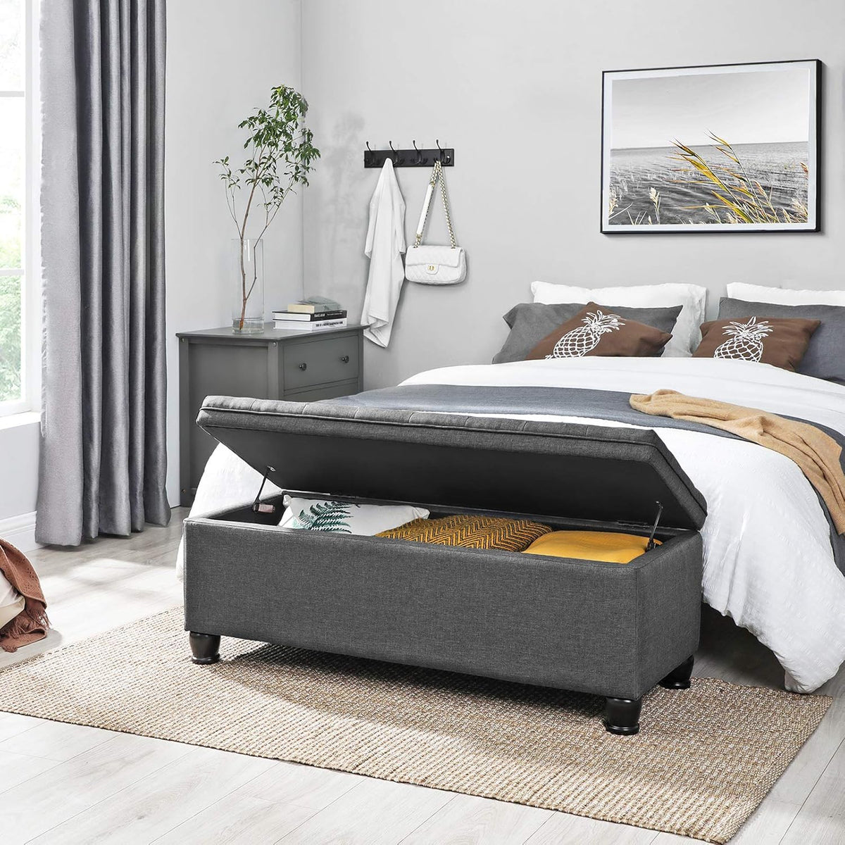 SONGMICS Storage Ottoman, Storage Bench, Tufted Entryway Bedroom Bench, 17.7 x 46.5 x 17.7 Inches, Hinges Easy Lid Operation, Wooden Legs, Linen-Look Cover, Loads 330 lb, Dark Gray ULOM070G01