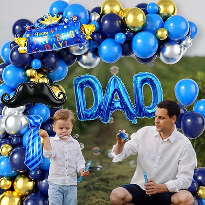 Happy Fathers Day Decoration, Navy Blue Father's Day Balloon Arch, Blue Gold Balloon Garland Kit with Beard Tie & DAD Foil Balloons for Happy Father's Day Family Birthday Party Decoration Supplies