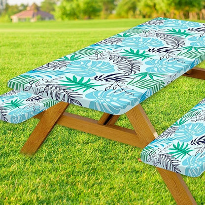 Palm Leaf Picnic Table Cover with Bench Covers, Waterproof Summer Tropical Hawaiian Green Leaves Tablecloth for Camping Indoor Outdoor Party Decorations, 30X60in