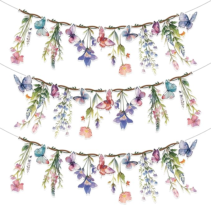 48Pcs Flower Fairy Banner Decorations Floral Designs Wildflower Garland – with 5m Jute Rope, for Baby Shower, Wedding, Easter Backdrop, Enchanted Garden Party Supplies (Butterfly)