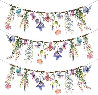 48Pcs Flower Fairy Banner Decorations Floral Designs Wildflower Garland – with 5m Jute Rope, for Baby Shower, Wedding, Easter Backdrop, Enchanted Garden Party Supplies (Butterfly)