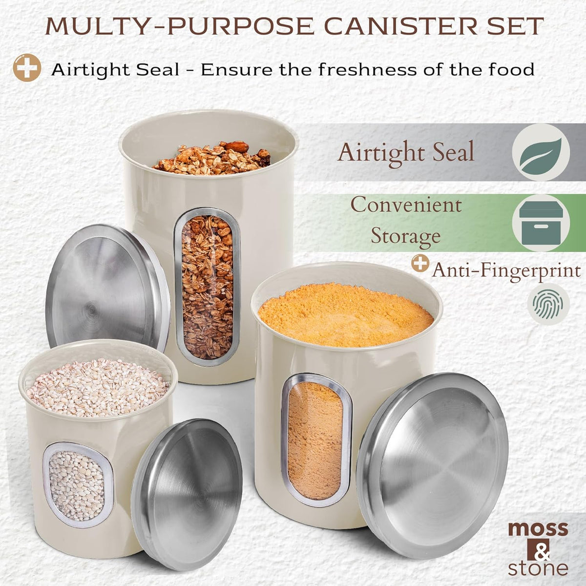 Moss & Stone 3-Piece Beige Canisters Sets For The Kitchen, Airtight Canister Set With See Through Window, Storage Jars for Coffee Container