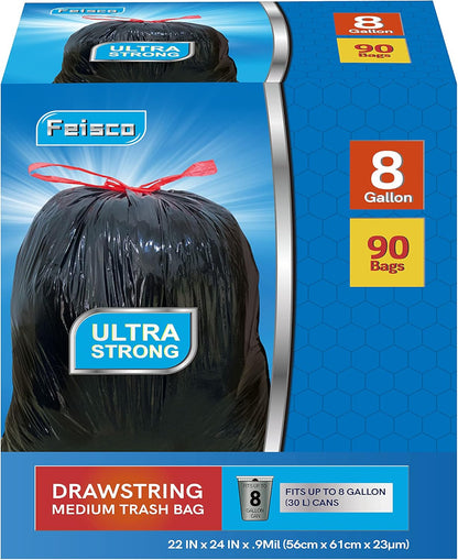 Feisco 8 Gallon Black Trash Bag,30L Drawstring Garbage Bag Trash Can Liner,90 Counts,0.9 Mil (8 Gallon, Black)