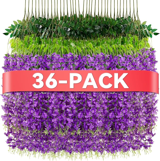 Alotiki Wisteria Hanging Flowers,36 Pack Fake Hanging Flowers,Wisteria Artificiales Garland for Home Wedding Arch Floral Party Garden Ceremony Outdoor Decor,3.6 Feet Long(36,Purple)