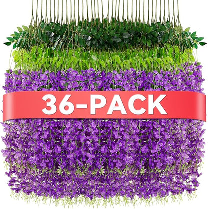 Alotiki Wisteria Hanging Flowers,36 Pack Fake Hanging Flowers,Wisteria Artificiales Garland for Home Wedding Arch Floral Party Garden Ceremony Outdoor Decor,3.6 Feet Long(36,Purple)